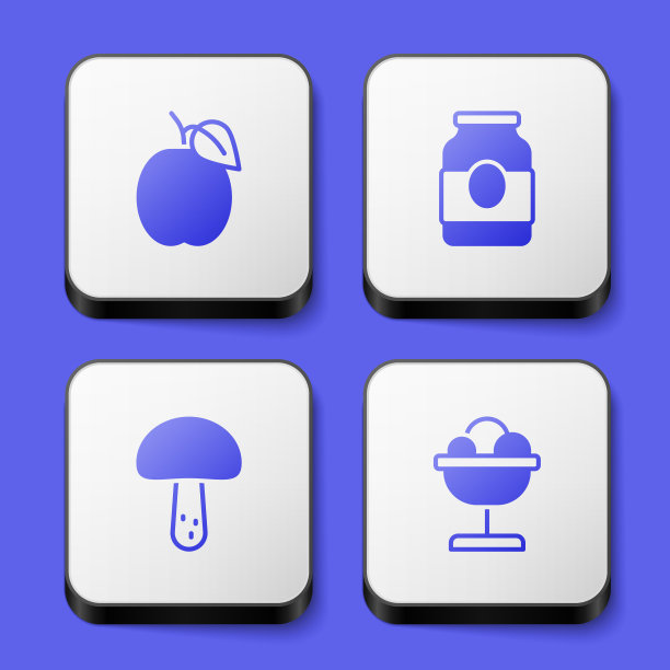 将梅子，果酱罐，蘑菇和冰淇淋放在碗的图标上。白色正方形按钮。向量图片下载