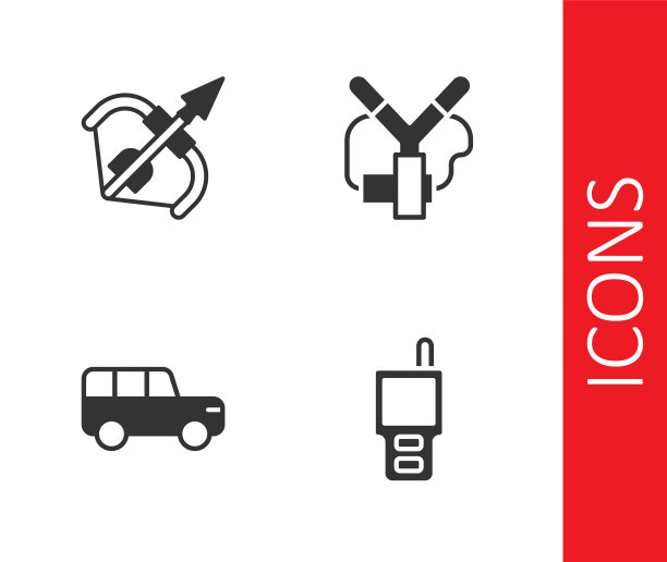 设置对讲机，中世纪弓箭，Safari汽车和弹弓图标。向量图片下载