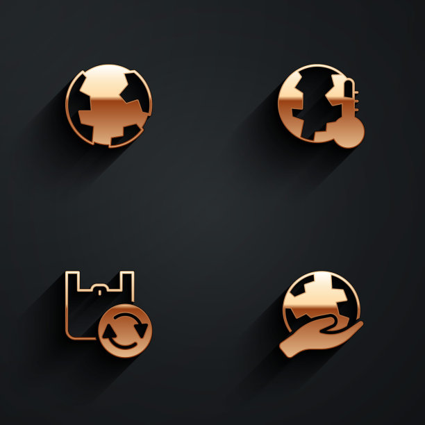 设置地球仪，融化全球变暖，回收购物袋，长影子手持图标。向量图片下载