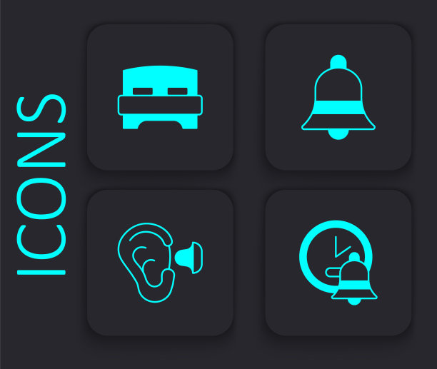 设置闹钟，大床，铃声和耳塞和耳朵图标。黑色方形按钮。向量图片下载