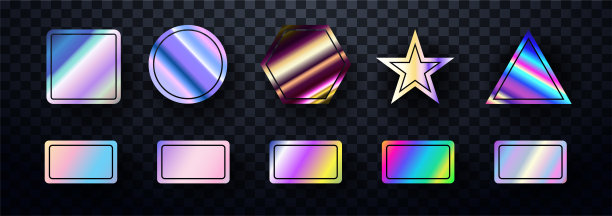 全息贴纸模型。不同形状皱褶的逼真全息标签。乙烯基灯贴纸设置与紫外线金属效果。收集孤立的黑色背景图片下载