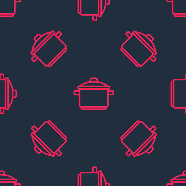 红线烹饪锅图标孤立无缝图案黑色背景。煮或炖食物的标志。向量图片下载