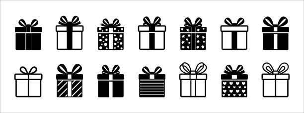 礼品盒矢量图标集。不同风格的礼品盒，用波尔卡朵、星星、条纹和心形纸包裹。礼品盒系上蝴蝶结丝带。矢量股票的标志和说明。图片下载
