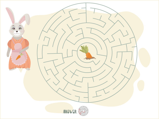 儿童益智游戏。迷宫。教育逻辑游戏。帮助兔子找到胡萝卜。矢量插图。图片下载
