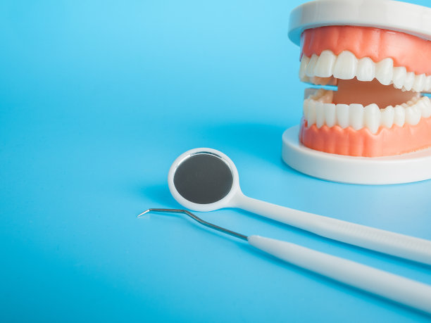 用于初级医疗检查的牙科器械，镜子，探针，镊子，以牙科为背景的颌骨模型，诊断龋齿和牙周病图片下载