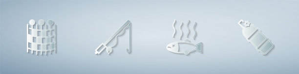 设置渔网图案，钓竿，死鱼和水隆。纸艺术风格。向量图片下载