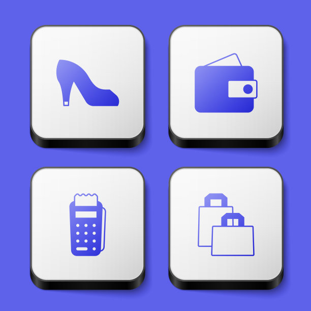 设置女人鞋，钱包，POS终端和纸购物袋图标。白色正方形按钮。向量图片下载