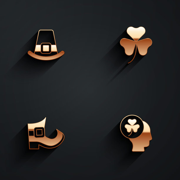 设置妖精帽，三叶草三叶草叶，靴子和头与三叶草图标与长影子。向量图片下载