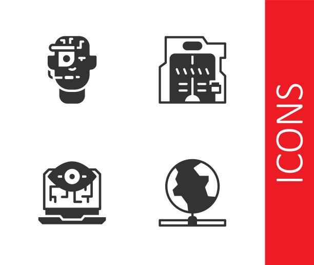 设置全球技术，智能眼镜眼镜，计算机视觉和未来滑动门图标。向量图片下载