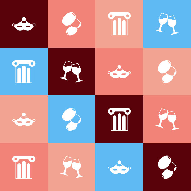 设置流行艺术嘉年华面具、橄榄、古柱和酒杯图标。向量图片下载