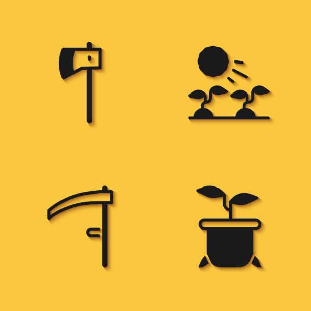 设置木斧，盆栽，镰刀和芽长出太阳图标与长影子。向量图片下载