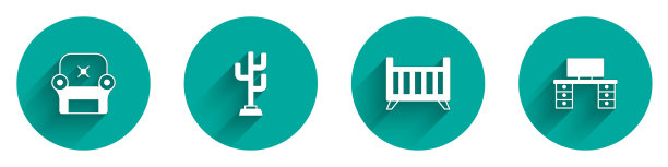 设置扶手椅，外套架，婴儿床，摇篮床和办公桌图标与长影子。向量图片下载