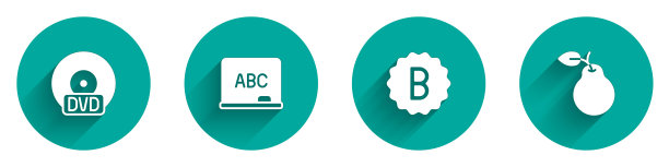 设置CD或DVD光盘，黑板，试卷与不正确的答案和长阴影梨图标。向量图片下载