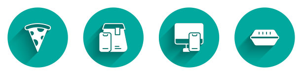 设置披萨片，在线订餐，午餐盒图标与长影子。向量图片下载