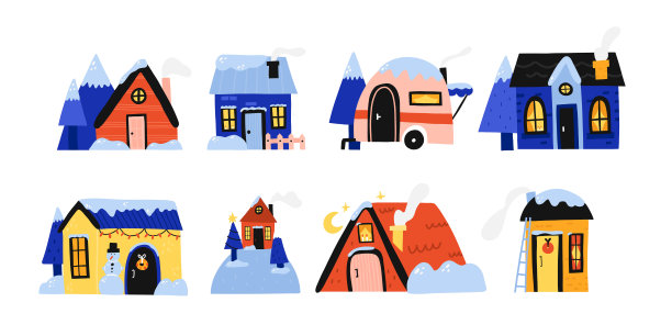 冬天的房子。可爱的家在雪，森林舒适的小屋和联排别墅雪屋顶，圣诞酒店，圣诞节装饰元素收集明亮的颜色，矢量卡通平风格孤立的set图片下载