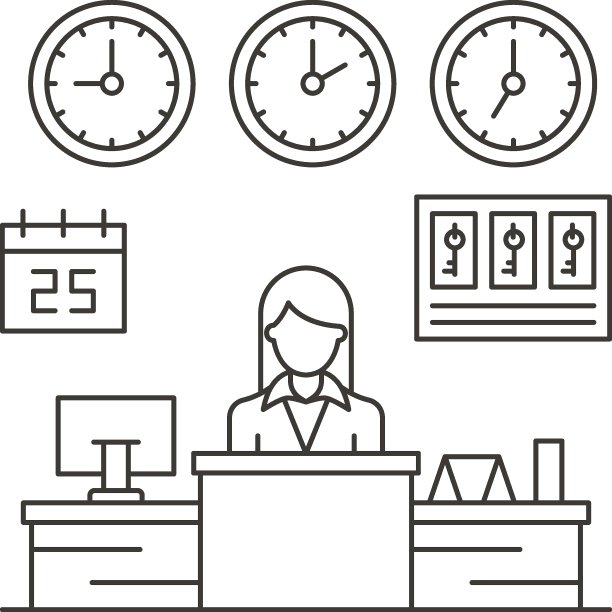 礼宾概念，前台接待员矢量图标设计，酒店和汽车旅馆服务符号，假期租赁标志，餐厅用品库存插图图片下载