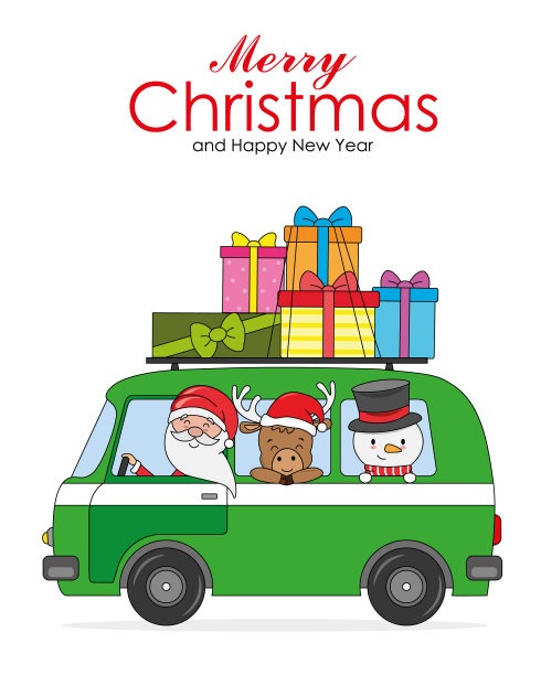 圣诞明信片。圣诞老人带着驯鹿和雪人在面包车里搬运礼物图片下载