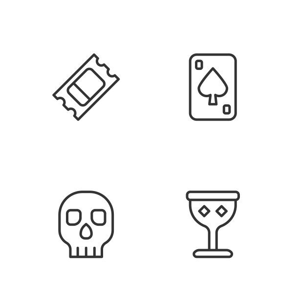 设置行中世纪高脚杯，骷髅，马戏团票和扑克牌图标。向量图片下载