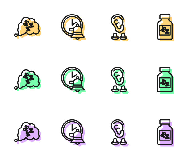 设置线耳塞和耳朵，睡意，闹钟和安眠药图标。向量图片下载