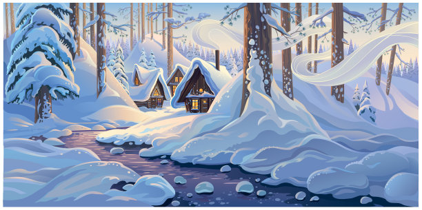 冬天童话般的风景，在白雪覆盖的森林里有房子。图片下载