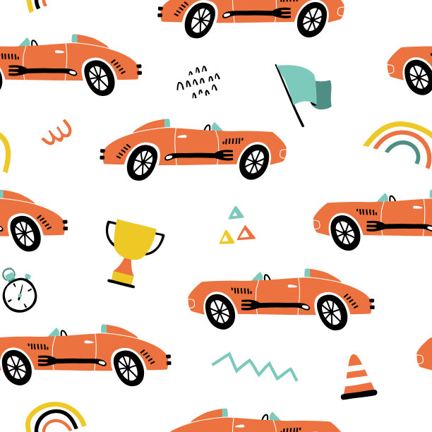无缝图案与复古赛车在手画风格。适合纺织品，贴纸，卡片，海报，壁纸，包装纸。孤立的白色背景矢量插图图片下载