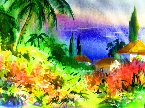 水彩彩色明亮的纹理抽象背景手工制作。地中海风景。描绘海岸上的建筑和植被图片下载