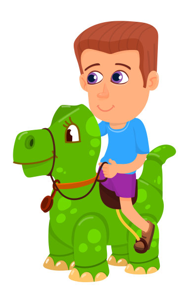 男孩骑着恐龙。小孩和绿色恐龙玩图片下载