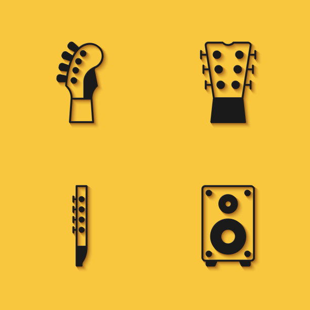 设置吉他脖子，立体声扬声器，长笛和图标与长阴影。向量图片下载