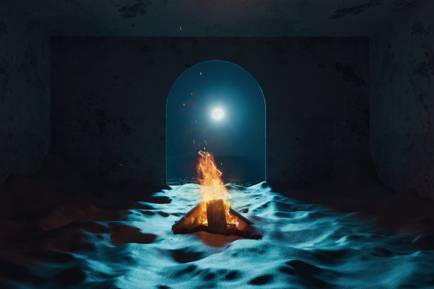 一个建筑物的旧废墟和被沙子覆盖的大篝火的三维渲染图片下载