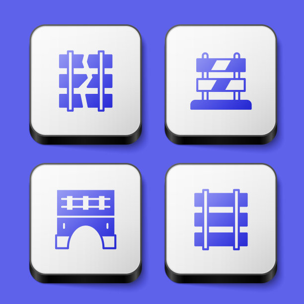 设置破碎或开裂的铁路，轨道的结束，桥为火车和铁路，铁路图标。白色正方形按钮。向量图片下载