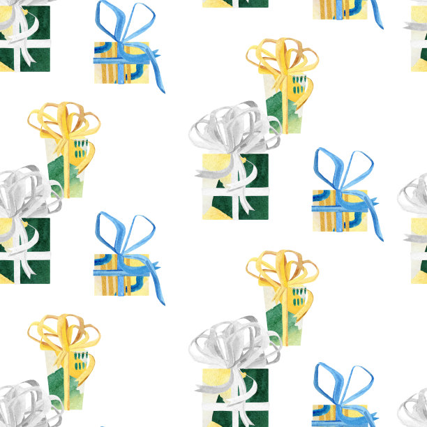 圣诞和新年礼盒图案。水彩盒与弓为包装纸，纺织织物，无缝的背景，剪贴簿纸。图片下载