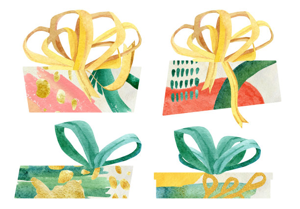 手绘抽象圣诞礼品盒。水彩明亮的盒子与蝴蝶结设置为圣诞卡，生日卡片，社会媒体故事，stikers，横幅，传单。图片下载