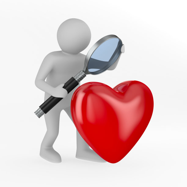 男子与放大镜和心脏在白色背景。孤立的3 d演示图片下载