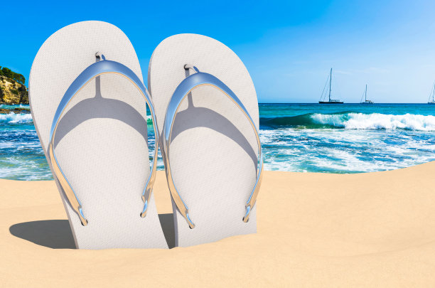 沙滩上的人字拖。三维渲染图片下载