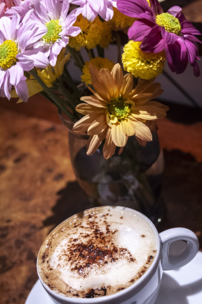 一杯咖啡和非洲菊图片下载