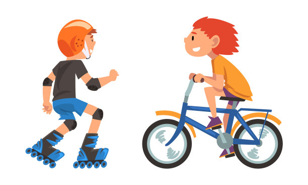 男孩和女孩骑自行车和溜冰图片下载