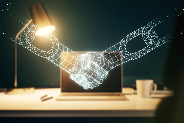 创意抽象的区块链技术草图与握手在现代笔记本电脑的背景，未来的技术和区块链的概念。双重曝光图片下载