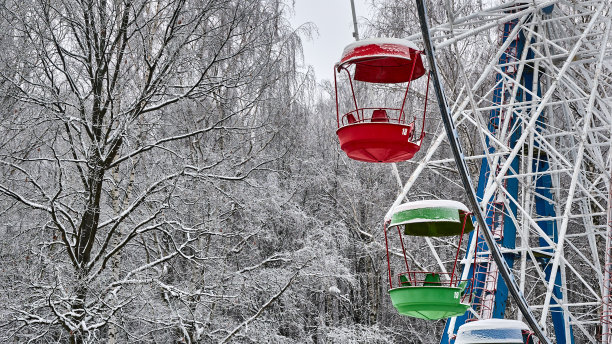 冬季公园里的摩天轮，特写与白雪覆盖的树木图片下载