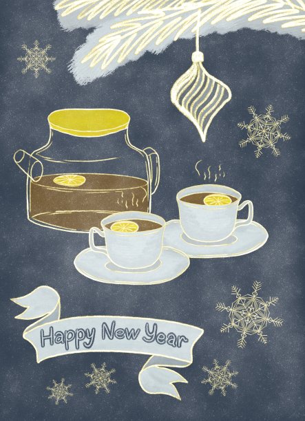 新年的构图，冷杉枝上有茶壶和茶杯，茶里有柠檬，深蓝色的底色上有金色的星星图片下载