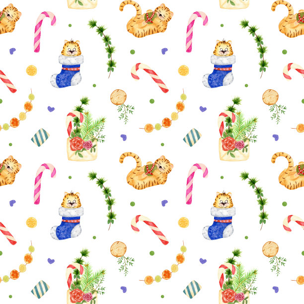 圣诞水彩无缝图案与老虎。一只老虎穿着新年袜子，一只老虎在玩球。圣诞图案与干柑橘花环。在浅色背景上图片下载