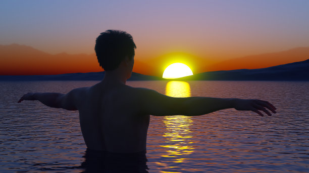 平静的人在水日落湖和山和平的太阳冥想与自然和谐的3D插图图片下载