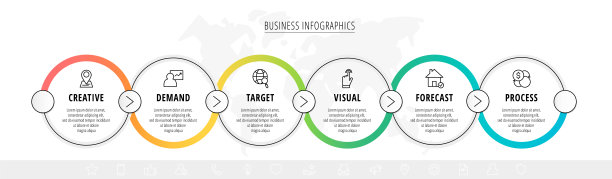 商业矢量信息图与6线圈。时间轴可视化与六个步骤的图表，流程图，横幅，演示文稿，网页图片下载