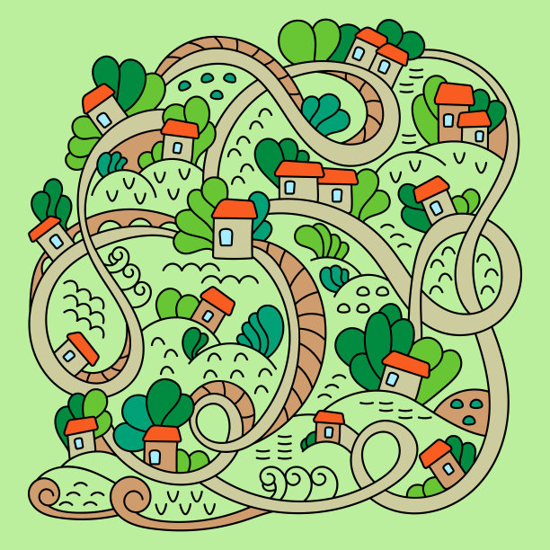 卡通向量。乡村景观与树木，小房子和道路。图片下载