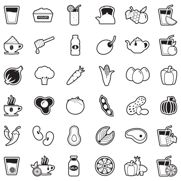 健康食品和饮料图标。线条与填充设计。矢量插图。图片下载