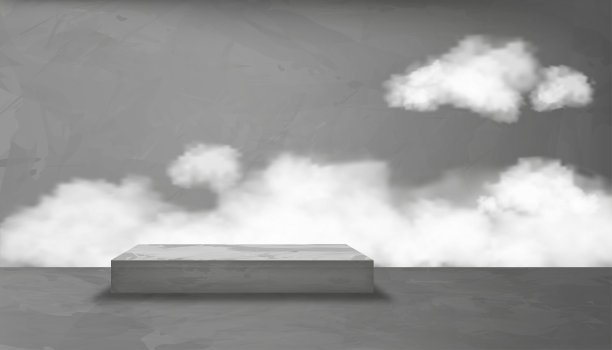 灰色墙壁工作室房间的墙壁上有蓬松的云，地板的背景灰色水泥纹理，深灰色混凝土表面的矢量3D背景。横幅loft设计概念图片下载