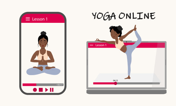 在线瑜伽，安全，不用离开家。一个漂亮的非洲女孩在智能手机和笔记本电脑的屏幕上展示瑜伽体式。通过互联网进行瑜伽训练。矢量插图。图片下载