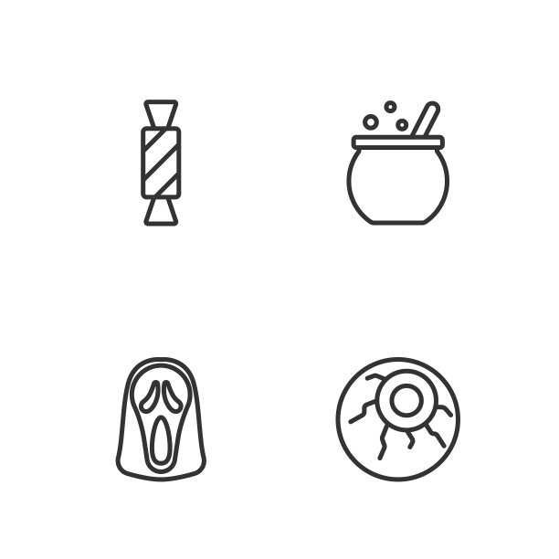 设置线眼睛，滑稽和可怕的幽灵面具，糖果和万圣节女巫坩埚图标。向量图片下载