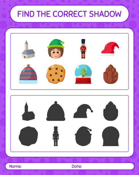 找到正确的阴影游戏与圣诞图标。学龄前儿童习题表，儿童活动表图片下载