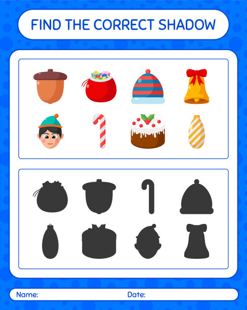 找到正确的阴影游戏与圣诞图标。学龄前儿童习题表，儿童活动表图片下载