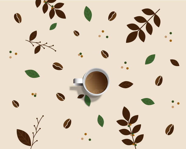 白杯新鲜的咖啡用蒸汽烟隔离在咖啡树上，以花、叶和豆为背景与复制空间。旗帜，海报广告，传单和卡片的装饰设计。图片下载